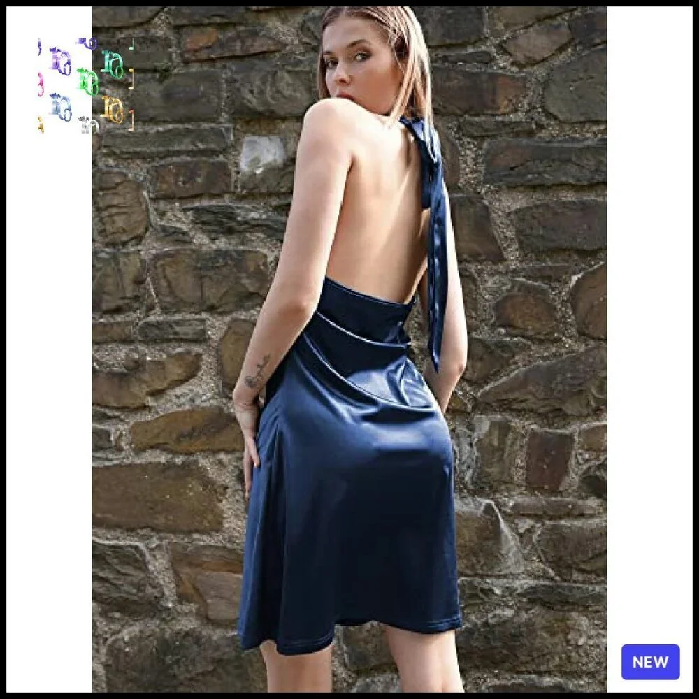 Satin Halterneck Mini Dress Elegant Cowl Neck Silky Party Cocktail Club Wear